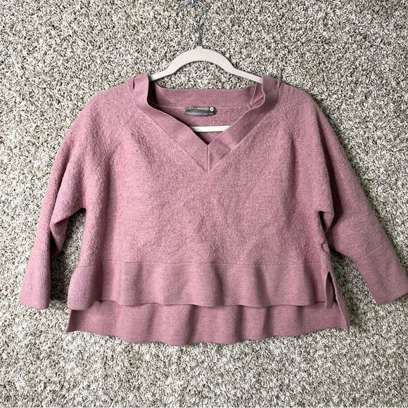 Anthropologie Sweater Women’s Large Mauve Pink Merino Wool Boxy Cropped V-neck - Picture 1 of 5